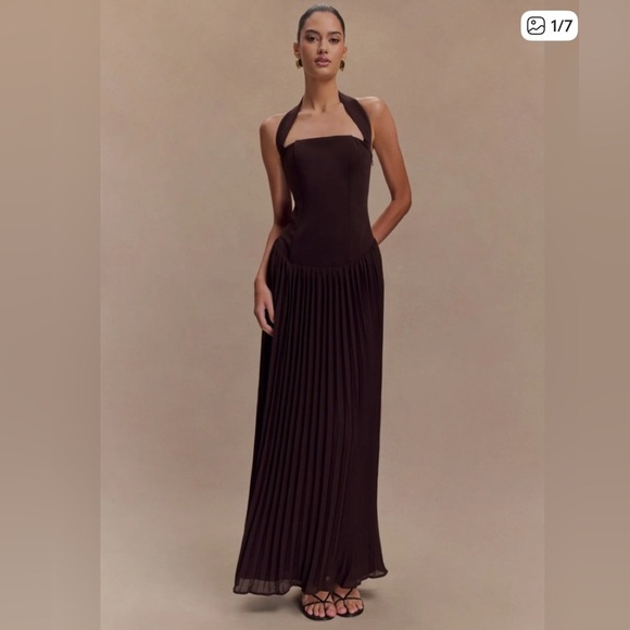 Meshki Brown Pleated Halter Maxi Gown- VIRAL. Sold out - Picture 2 of 5